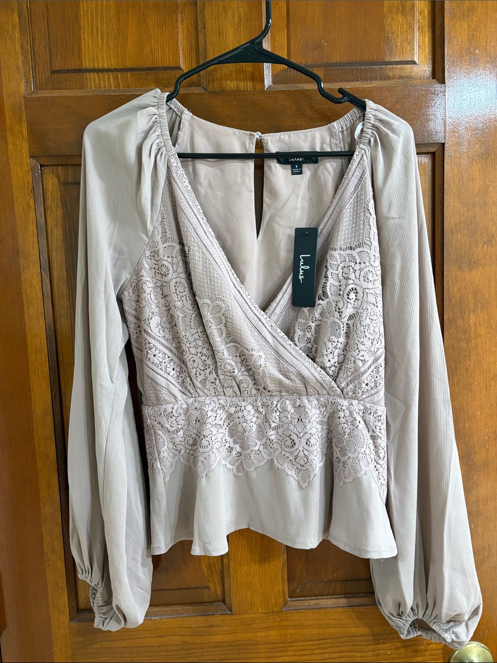 Lulu's Taupe Lace Wrap Peplum Blouse